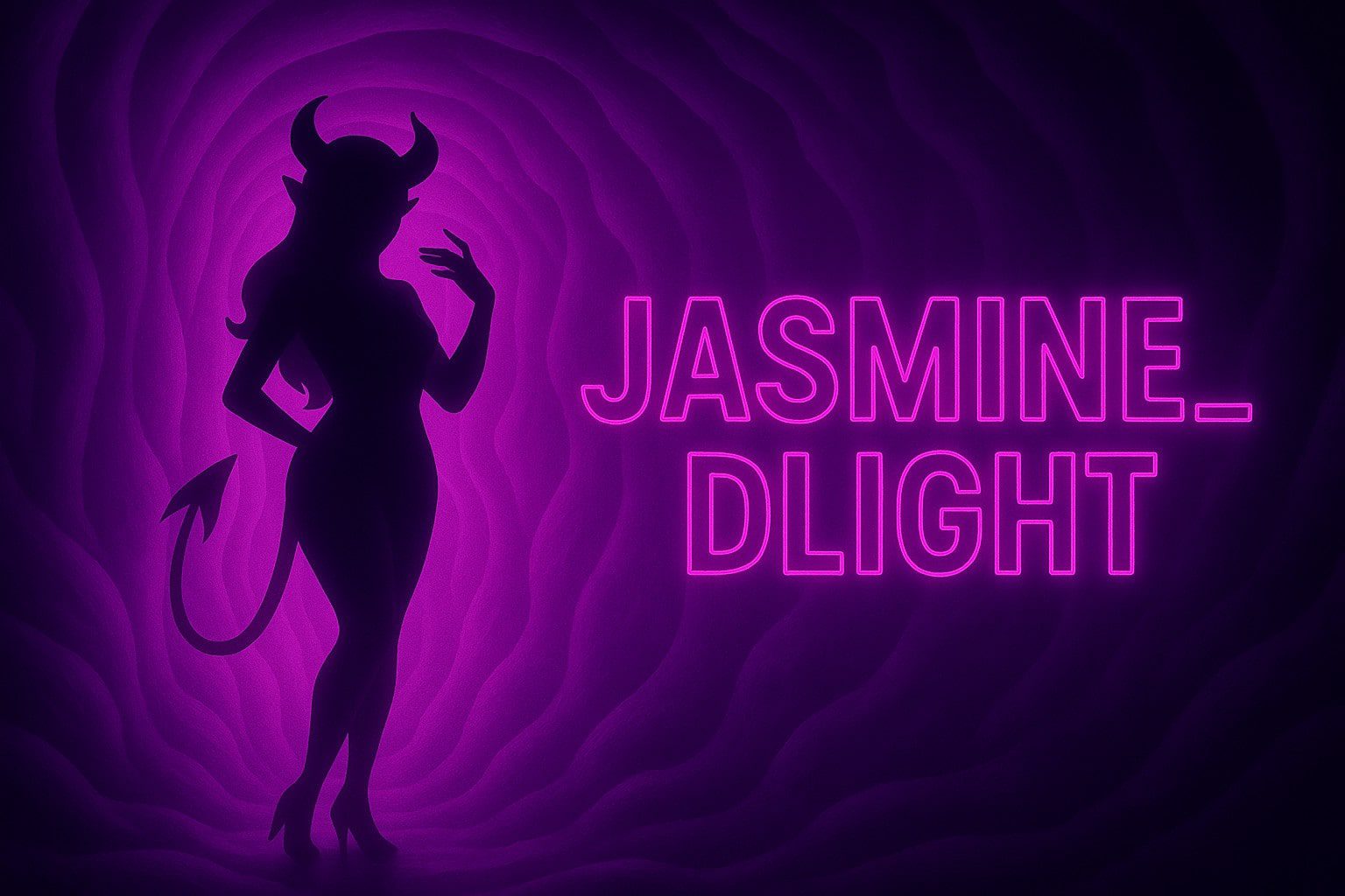 Silhouette of a curvy demonette with horns and a tail, posing confidently in glowing purple neon light beside the text "Jasmine_Dlight"