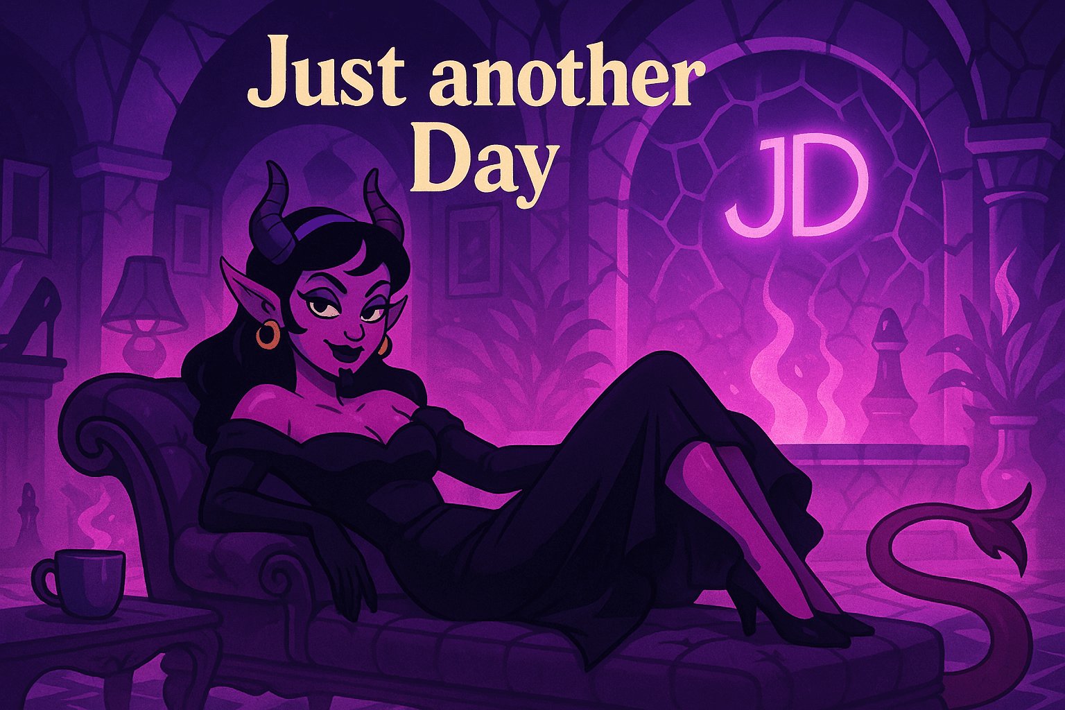 Jaz the glam demonette lounges in a purple-lit lair, smirking in heels and horns with the initials “JD” glowing on the wall behind her.Jaz the glam demonette lounges in a purple-lit lair, smirking in heels and horns with the initials “JD” glowing on the wall behind her.