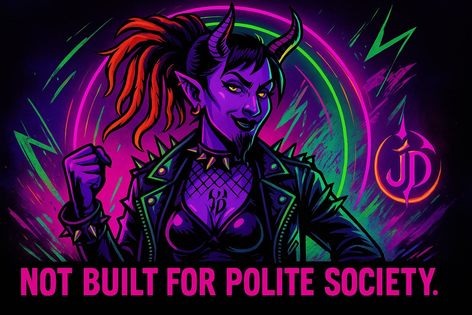 Jaz the demonette in a neon punk jacket with glowing spikes and mesh top, smirking confidently with clenched fist. Bright slogan reads “Not built for polite society” in bold magenta letters.