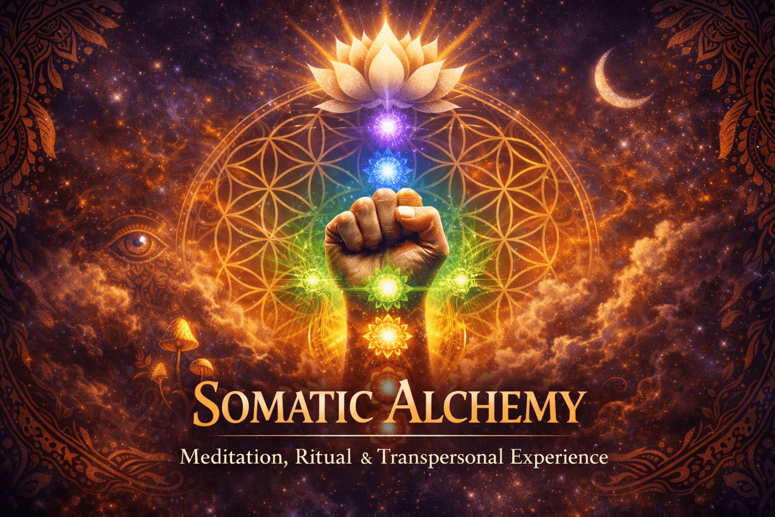 Mystic sacred geometry artwork symbolising altered states of consciousness, chakras and somatic sexual meditation for the article Somatic Alchemy.